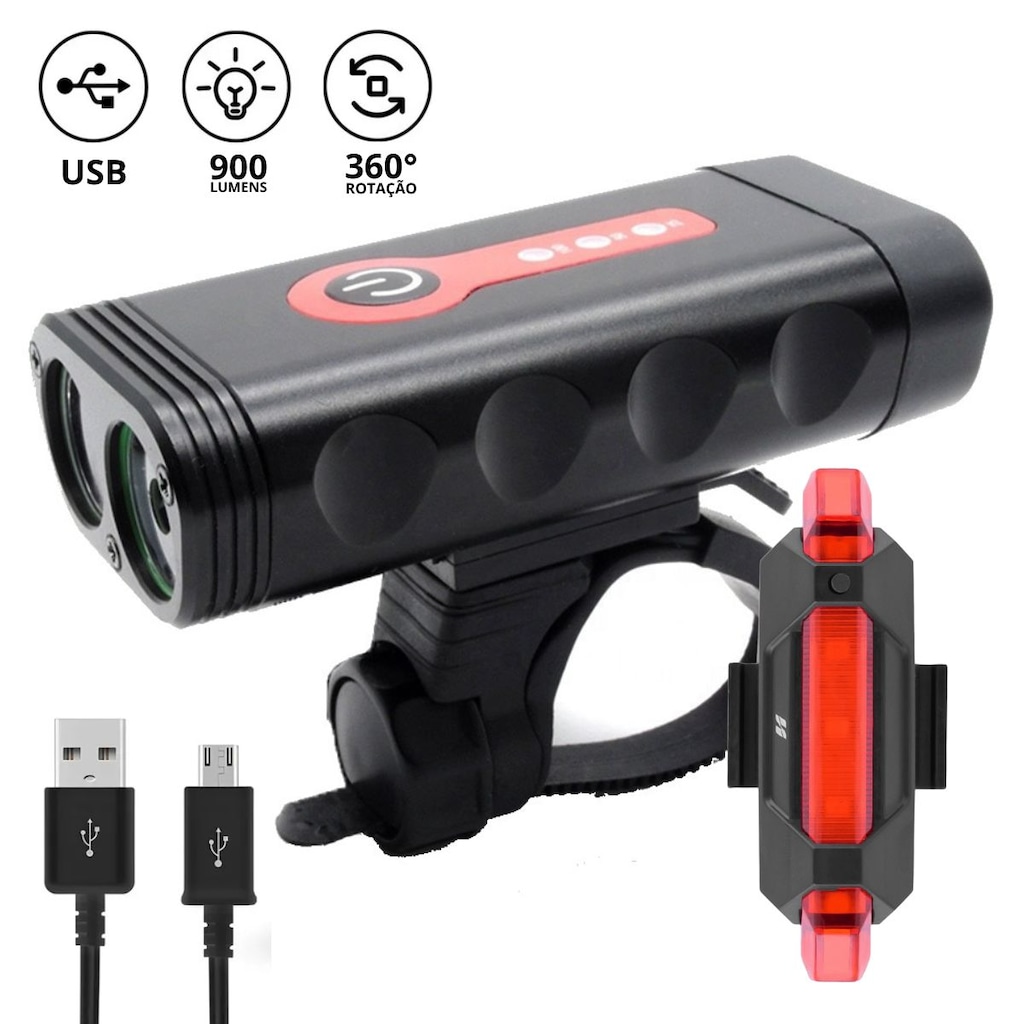 Imagem 2 do produto Kit Farol Lanterna para Bike 900 lumens + sinalizador Led High One USB
