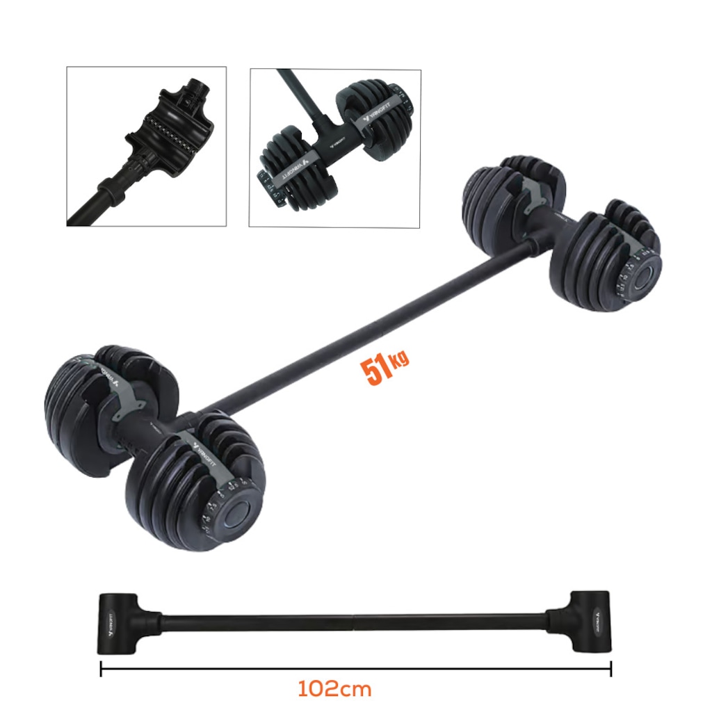 Imagem 3 do produto Halter Ajustável com Barra Anilha Kettlebell Yangfit 50kg