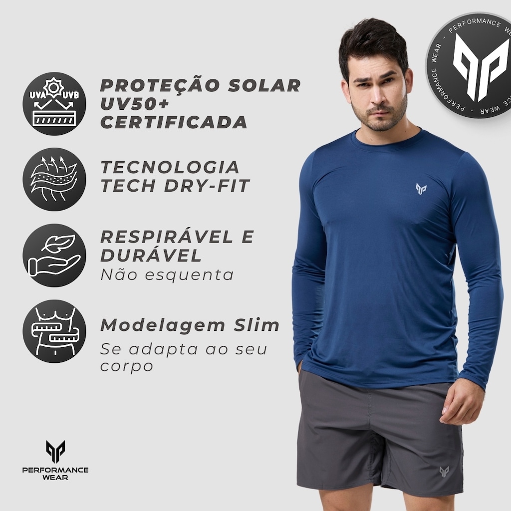 Imagem 2 do produto Kit 2 Camisa Térmica Masculina Manga Longa com Proteção UPF50 Performance Wear