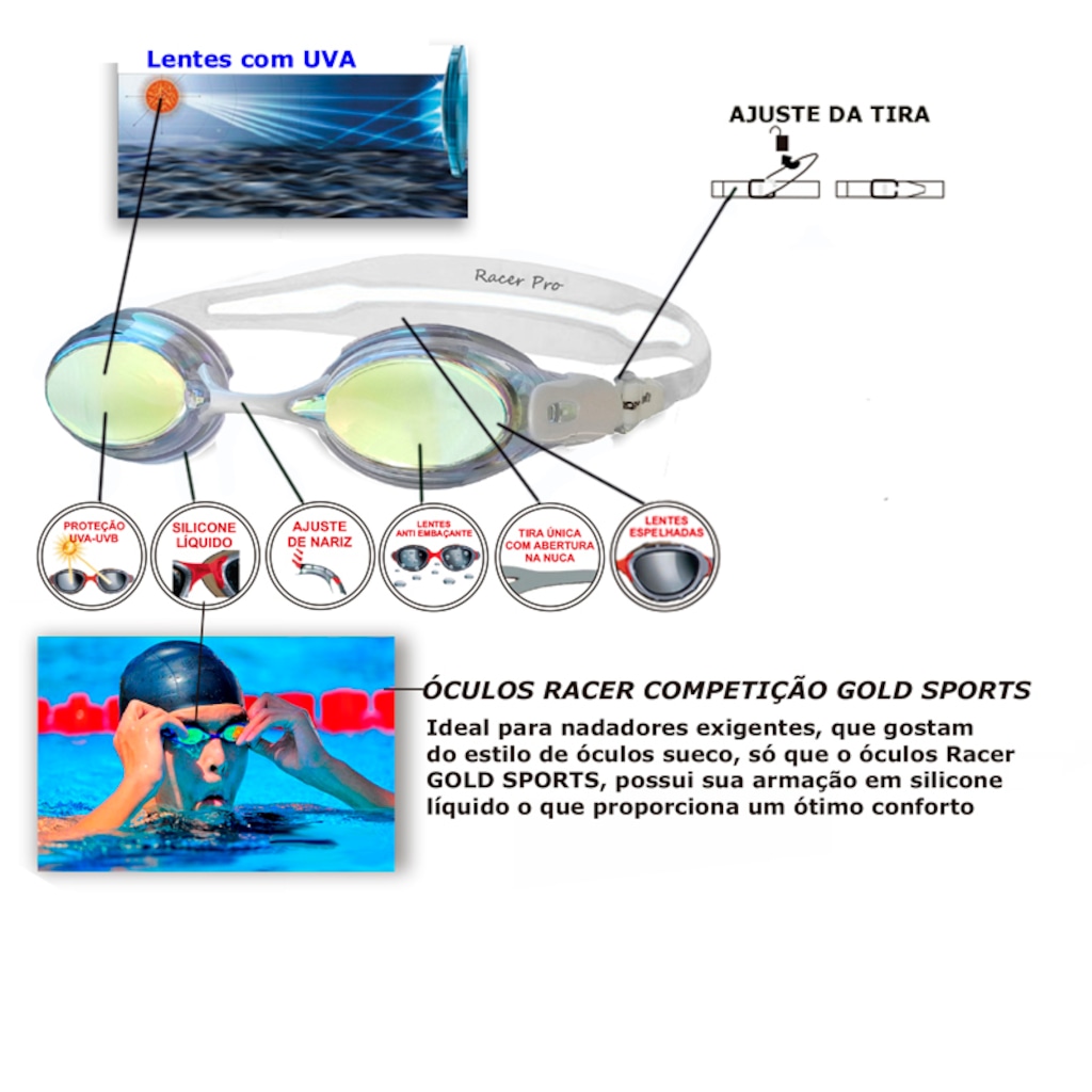 Imagem 2 do produto Óculos de Natação Gold Sports Competição Racer Pro High Definition