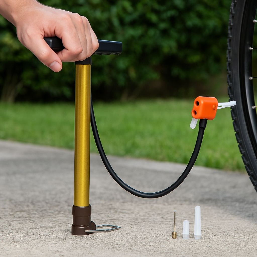Imagem 4 do produto Bomba de Ar Manual DK para Bicicleta com Agulha e Adaptadores Enche Bola Pneu e Infláveis