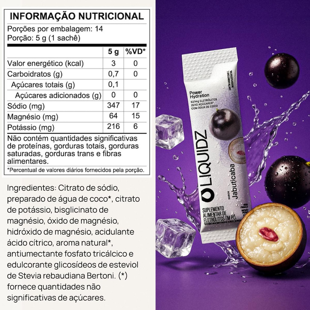 Imagem 2 do produto Eletrólitos LIQUIDZ® Zero Açúcares Sabor Jabuticaba - Kit 1 Caixa com 14 sachês