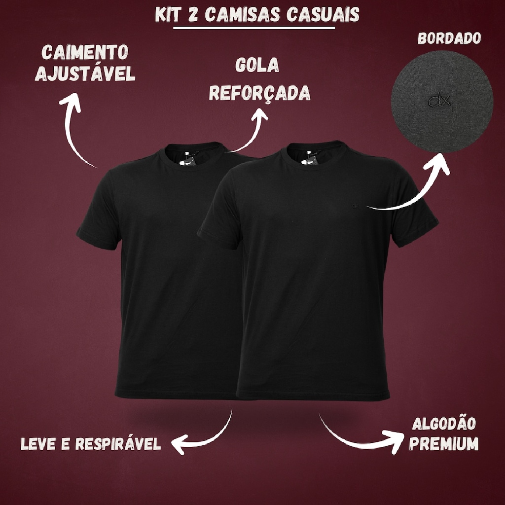 Imagem 2 do produto Kit 2 Camisetas Casuais Algodão Bordado Preto Dx Essentials - Masculino
