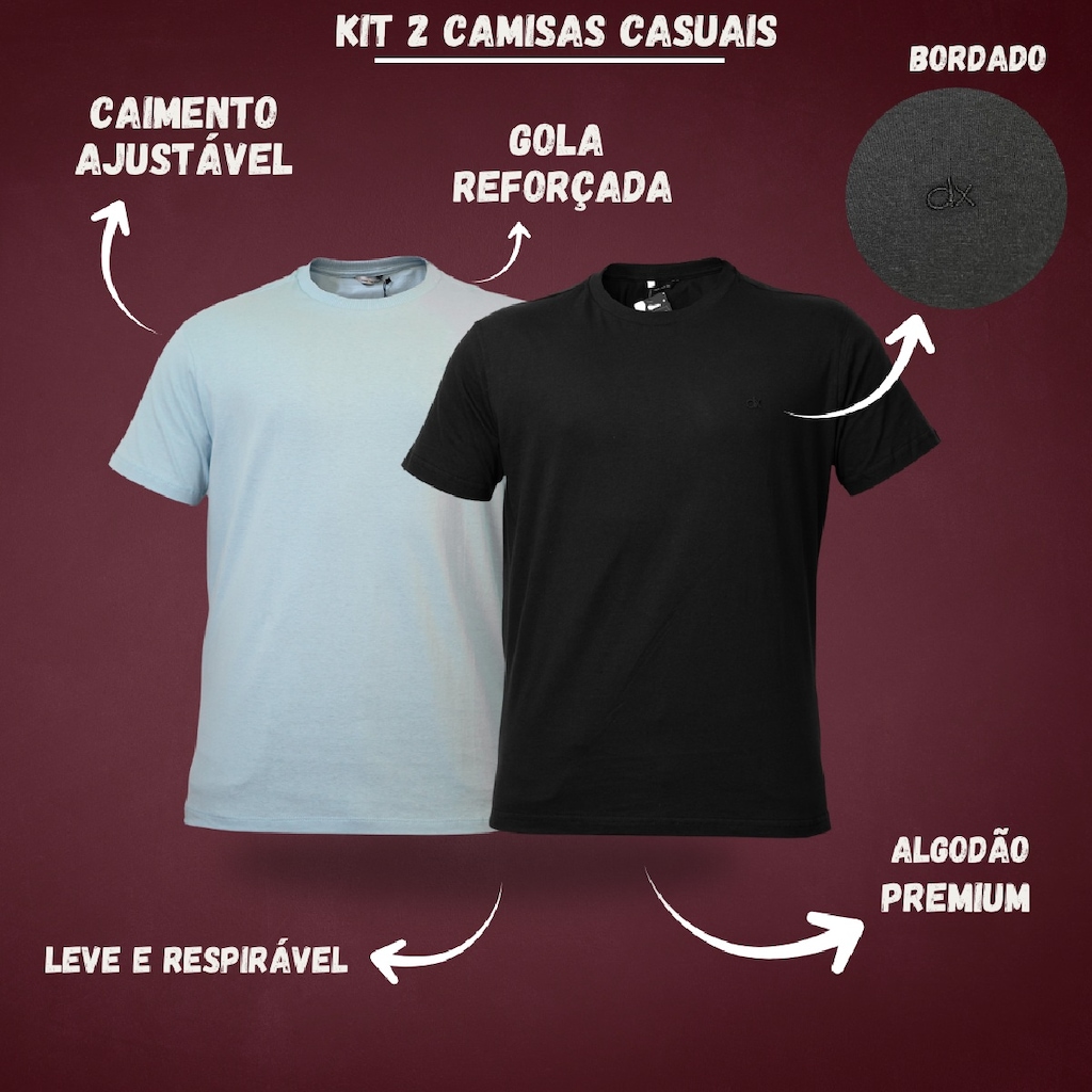 Imagem 2 do produto Kit 2 Camisetas Casuais Algodão Bordado Preto e Azul Dx Essentials - Masculino