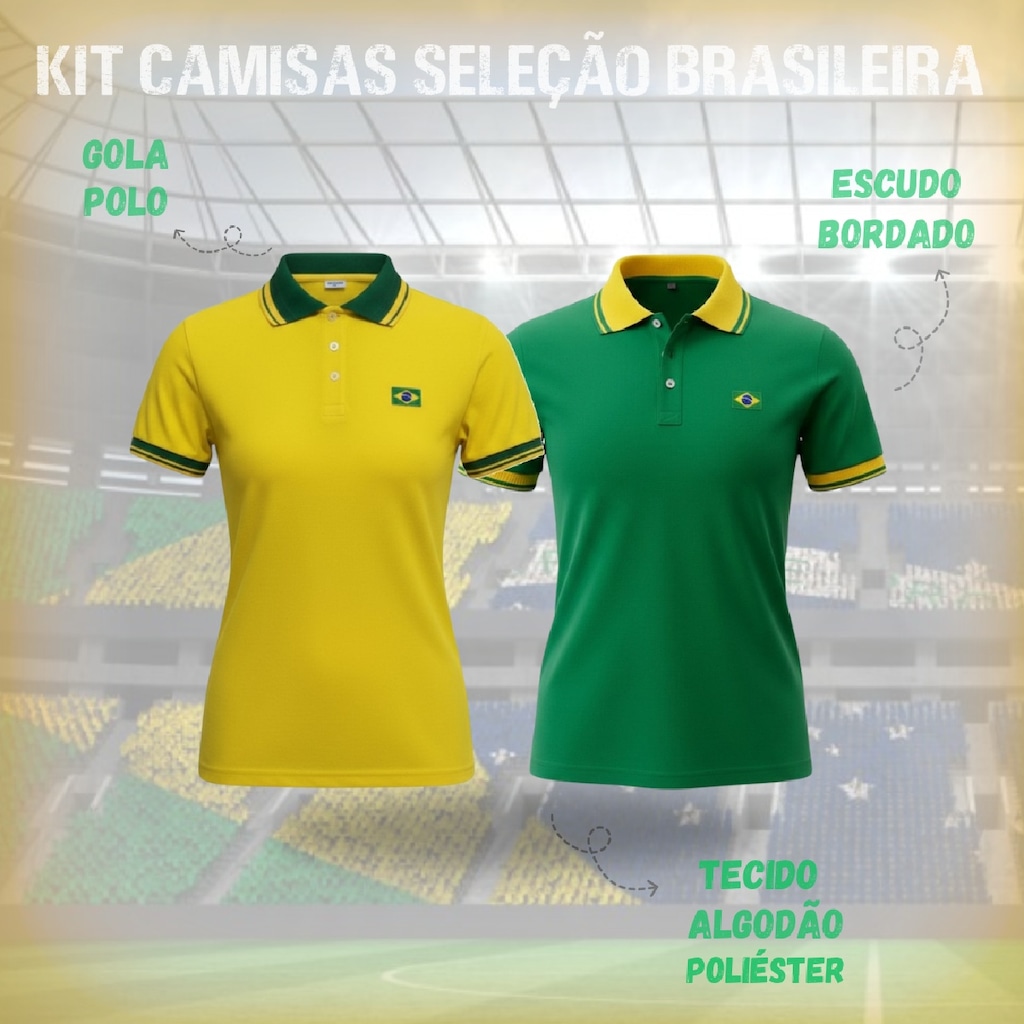 Imagem 2 do produto Kit 2 Camisas Brasil Polo Piquet Bordado Olden Sports Feminino