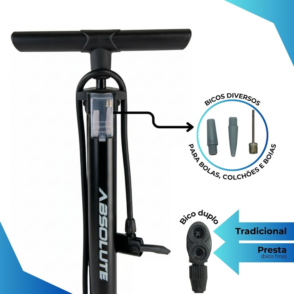 Imagem 2 do produto Bomba de ar bicicleta Absolute Nero 2 com manômetro 160 PSI