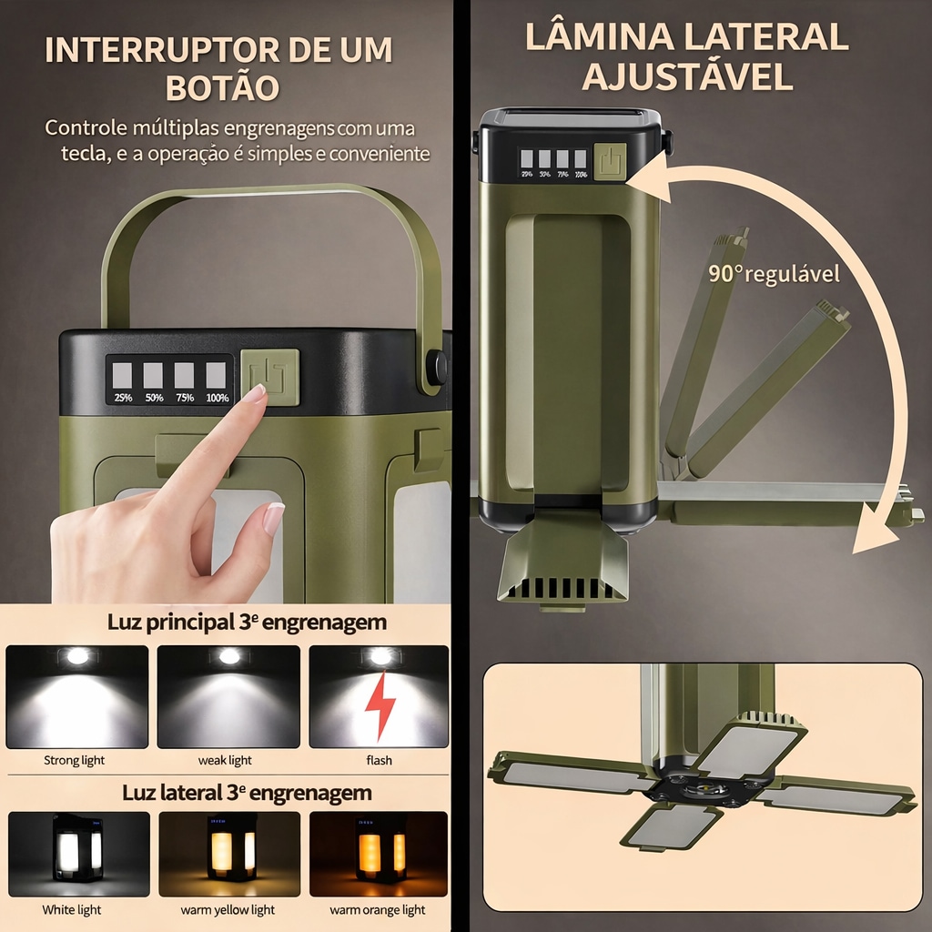 Imagem 3 do produto Lanterna Gold Sports Eco Led Portátil Tenda Camping SolaR 4 Led Recarregável e Dobrável