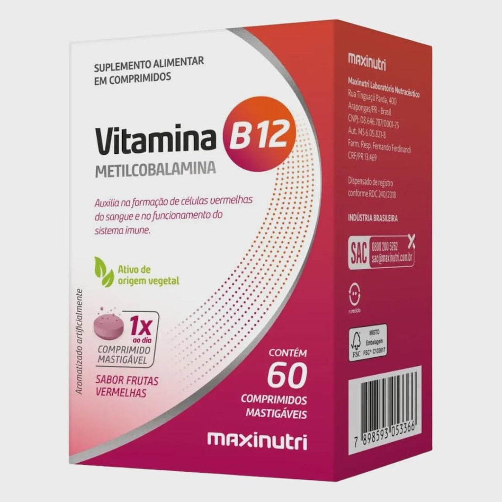 Imagem 2 do produto Suplemento B12 Metilcobalamina Mastigáveis (60 Comp) Maxinutri Sabor Vegan Frutas vermelhas