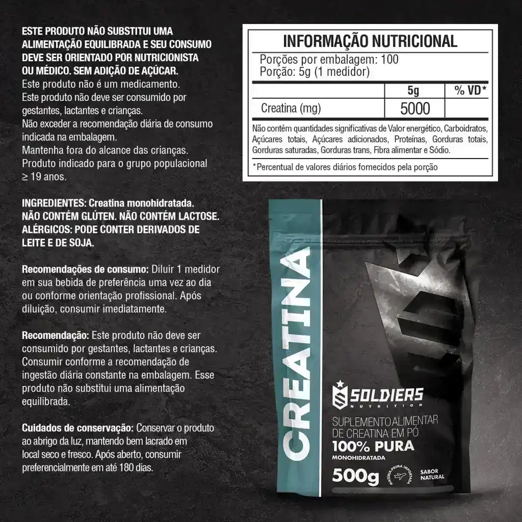 Imagem 2 do produto Creatina Monohidratada 500g 100% Pura Importada - Soldiers Nutrition