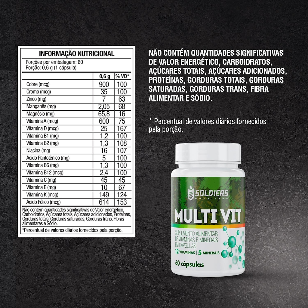 Imagem 2 do produto Multivitamínico 60 Caps 5 Minerais 12 Vitaminas - Soldiers Nutrition