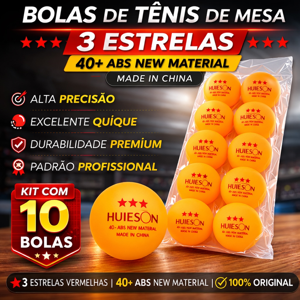 Imagem 3 do produto Kit 10 Bolas de Tênis de Mesa 3 Estrelas Gold Sports Huieson 40+ ABS Premium