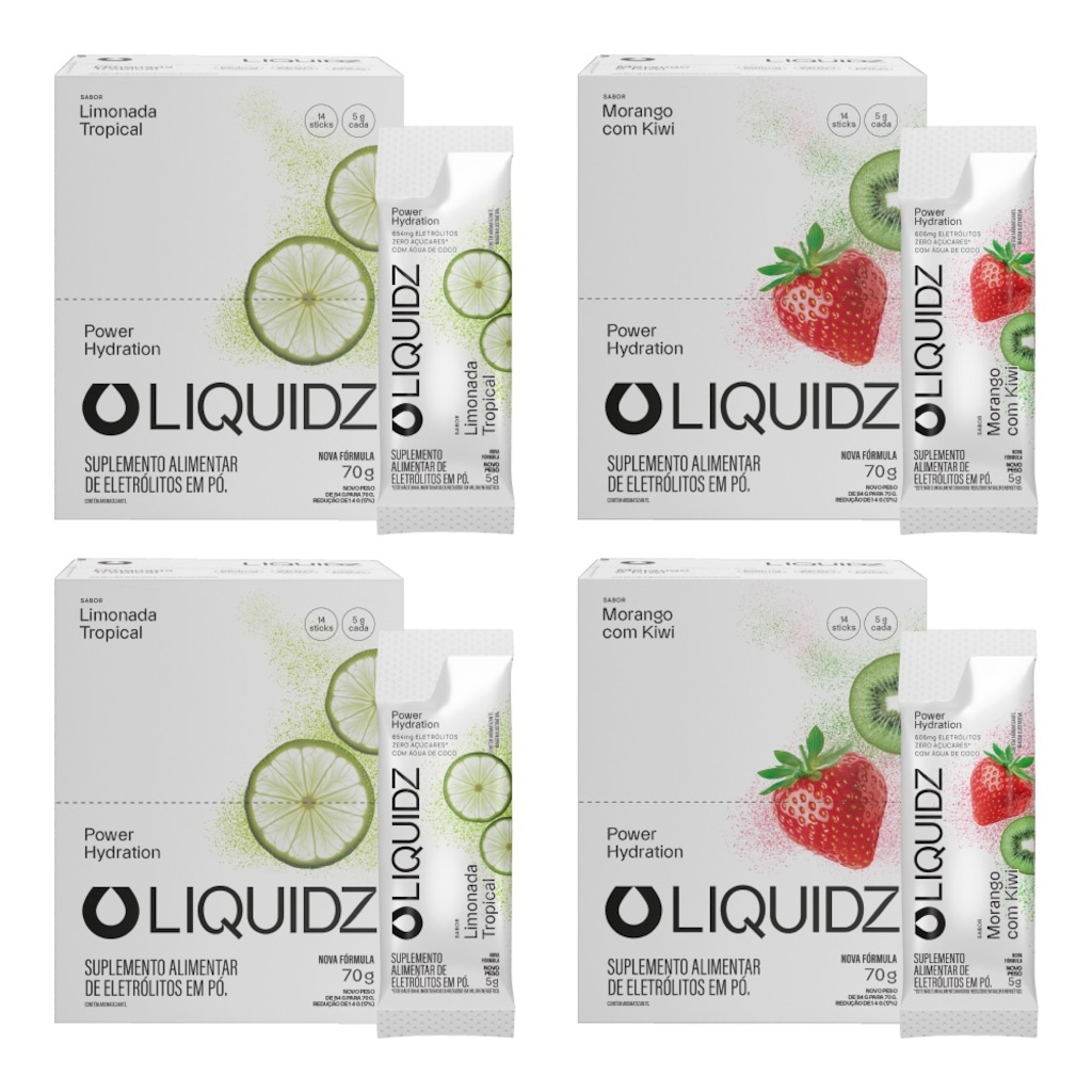 Imagem 1 do produto Kit 4 Caixas LIQUIDZ - Eletrólitos Zero Açúcares - Limonada | Morango - 56 sachês