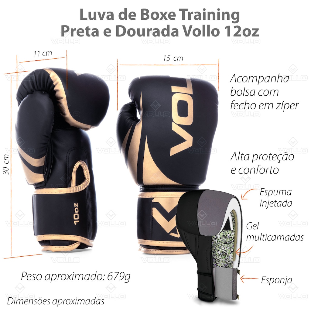 Imagem 4 do produto Kit Luva 12oz Boxe Muay Thai Dourado + Protetor Bucal Luta Vollo