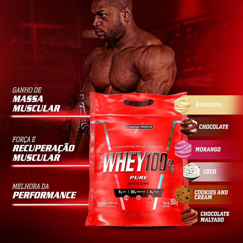 Imagem 2 do produto Kit Whey 100% 900g Pouch Morango + Creatina 100% Pura 300g + Huger 320g - Integralmedica