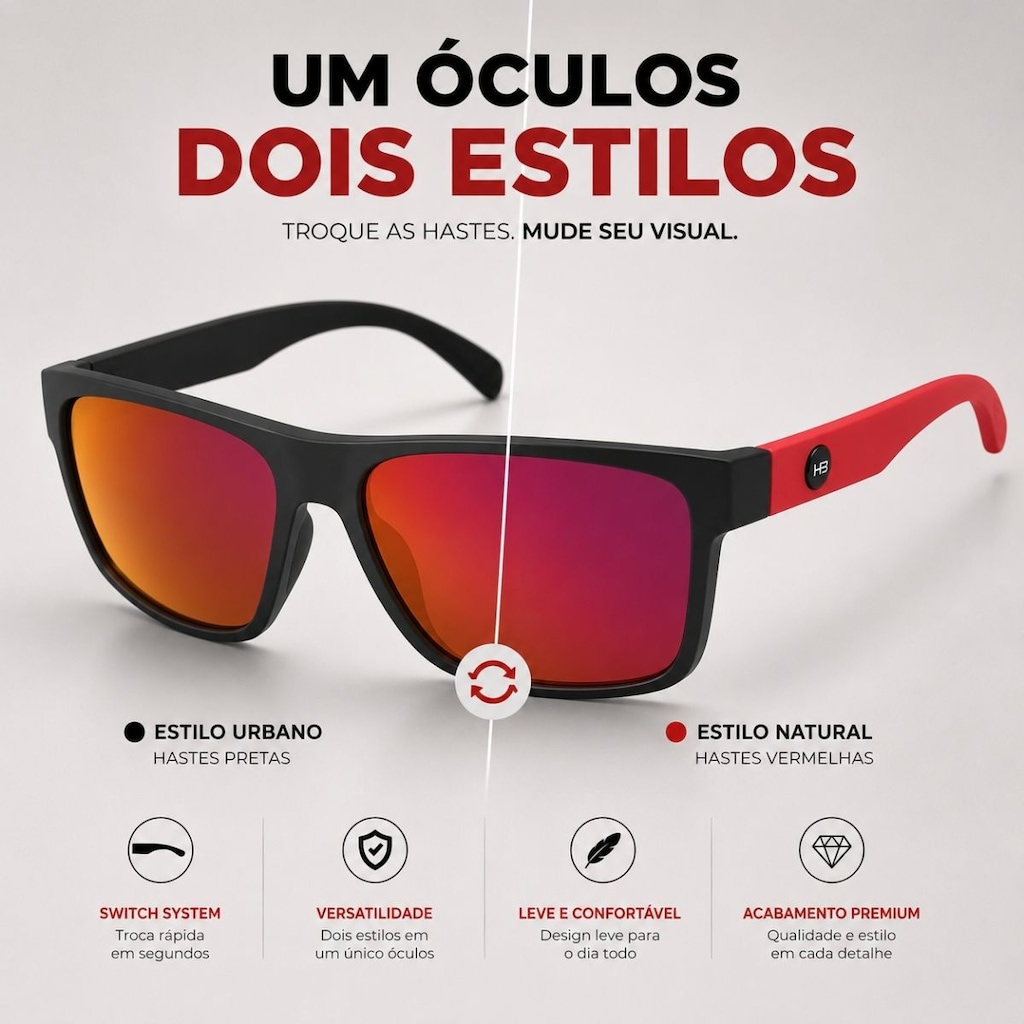 Imagem 3 do produto Óculos de Sol HB Happy Matte Black Espelhado + Hastes Red