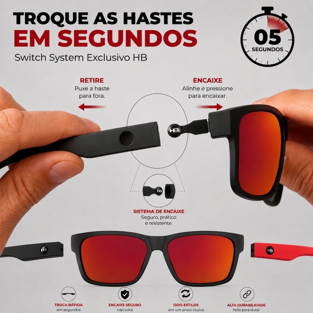 Imagem 4 do produto Óculos de Sol HB Happy Matte Black Espelhado + Hastes Red