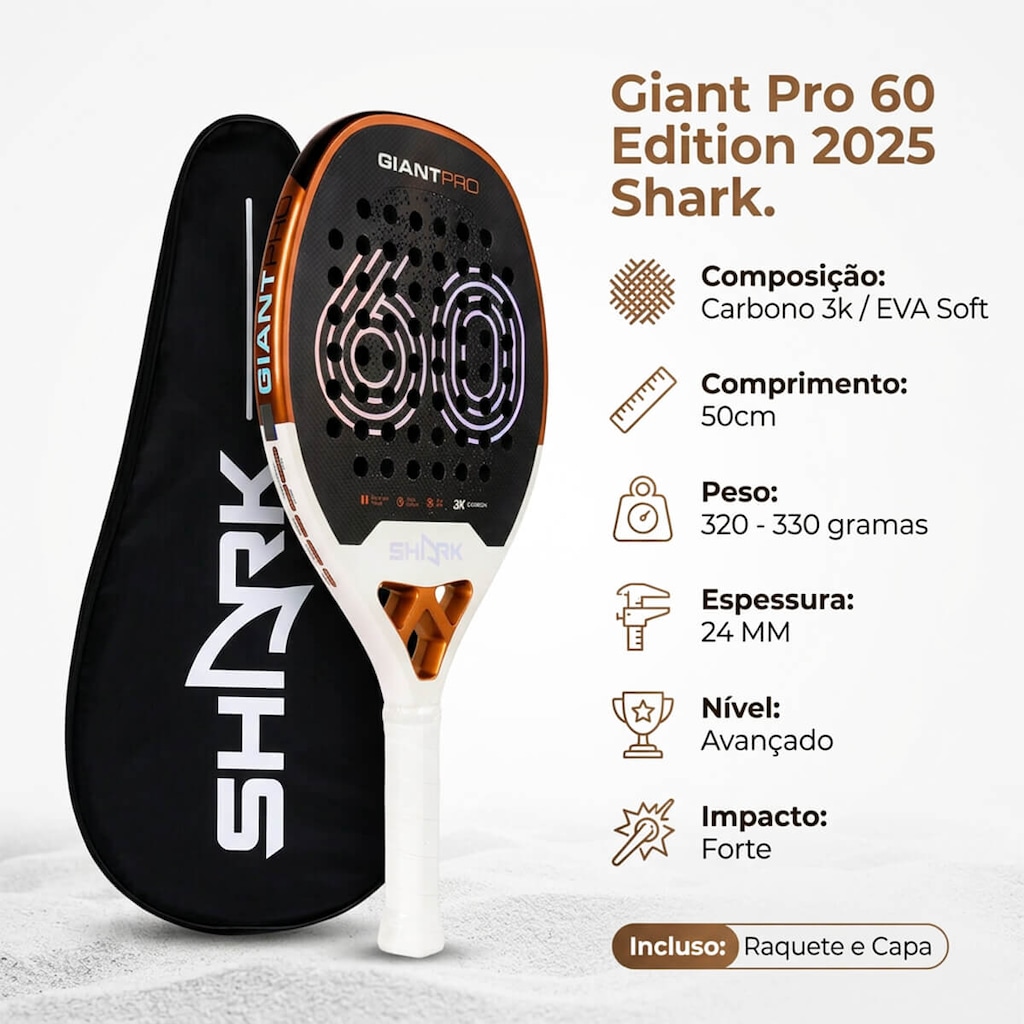 Imagem 2 do produto Raquete de Beach Tennis Giant Pro 60 Edition 2025 Shark - Adulto