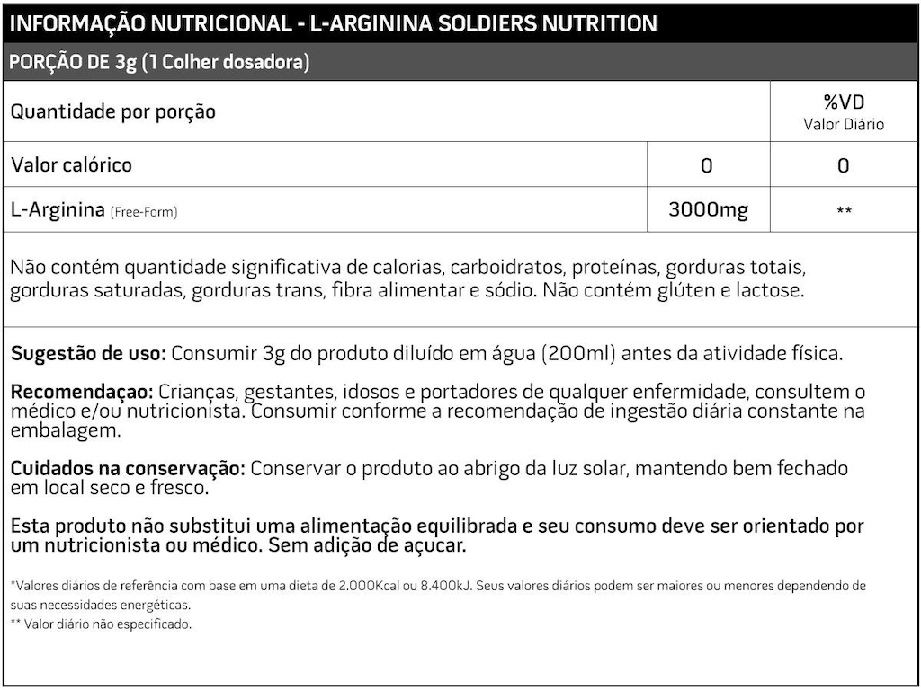 Imagem 2 do produto Arginina 250g 100% Pura Importada - Soldiers Nutrition