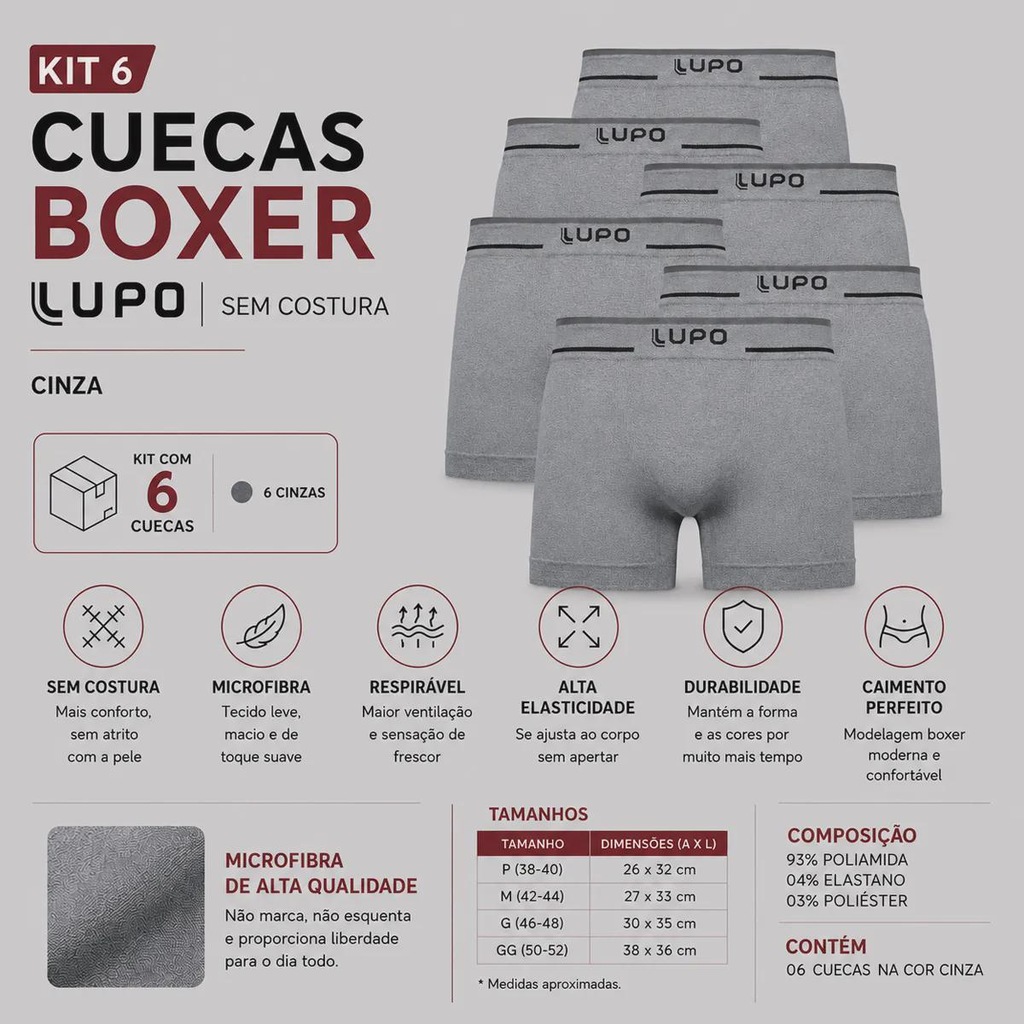 Imagem 2 do produto Kit 6 Cuecas Boxer Lupo Sem Costura Adulto