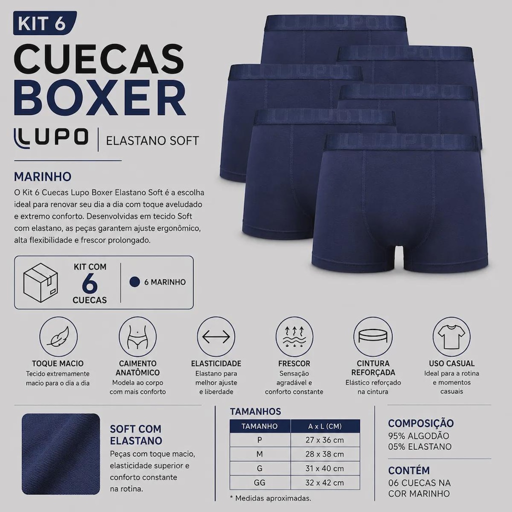 Imagem 2 do produto Kit 6 Cuecas Lupo Boxer Elastano Soft Adulto