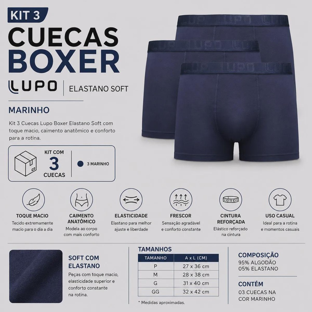 Imagem 2 do produto Kit 3 Cuecas Lupo Boxer Elastano Soft Adulto