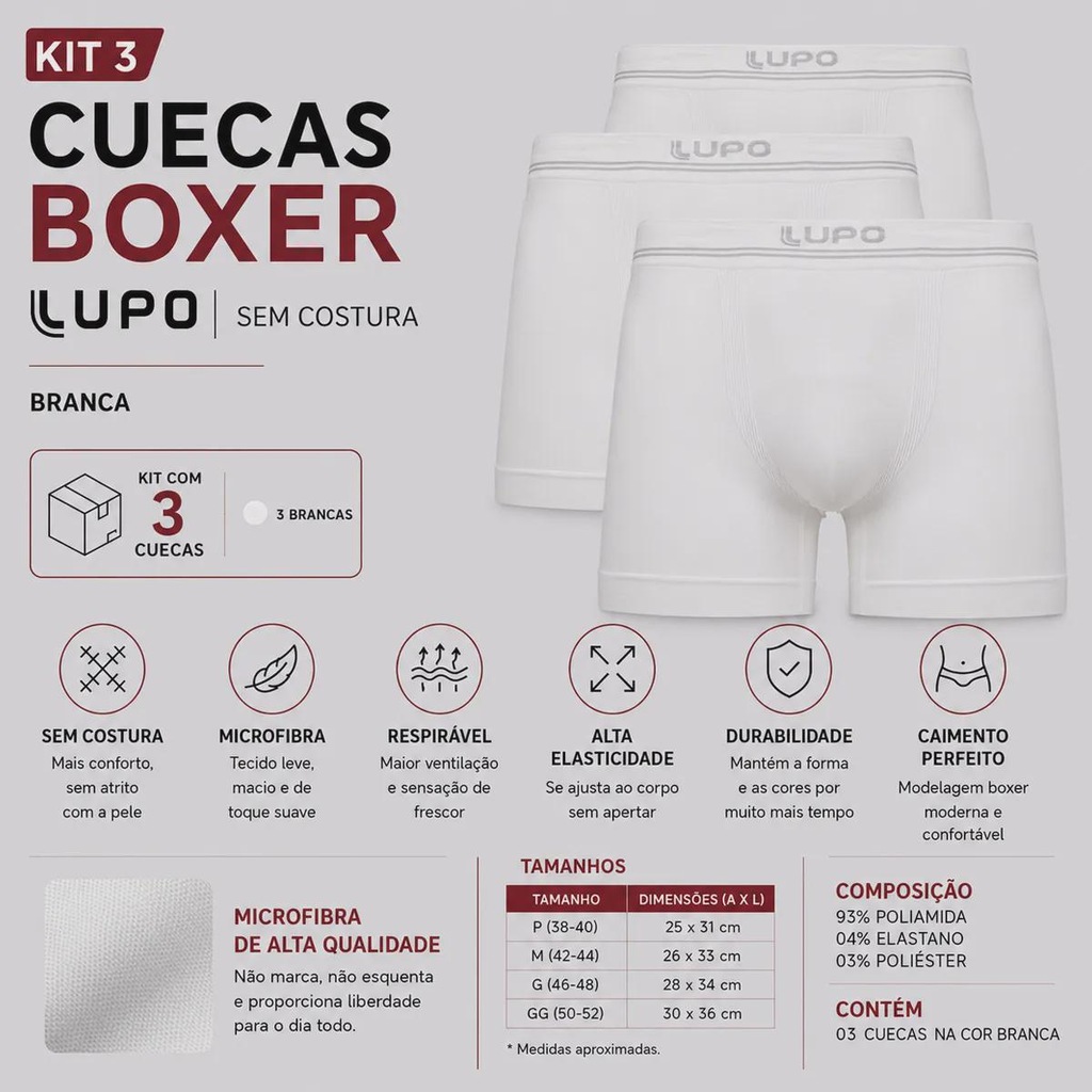Imagem 2 do produto Kit 3 Cuecas Boxer Lupo Microfibra Sem Costura Adulto