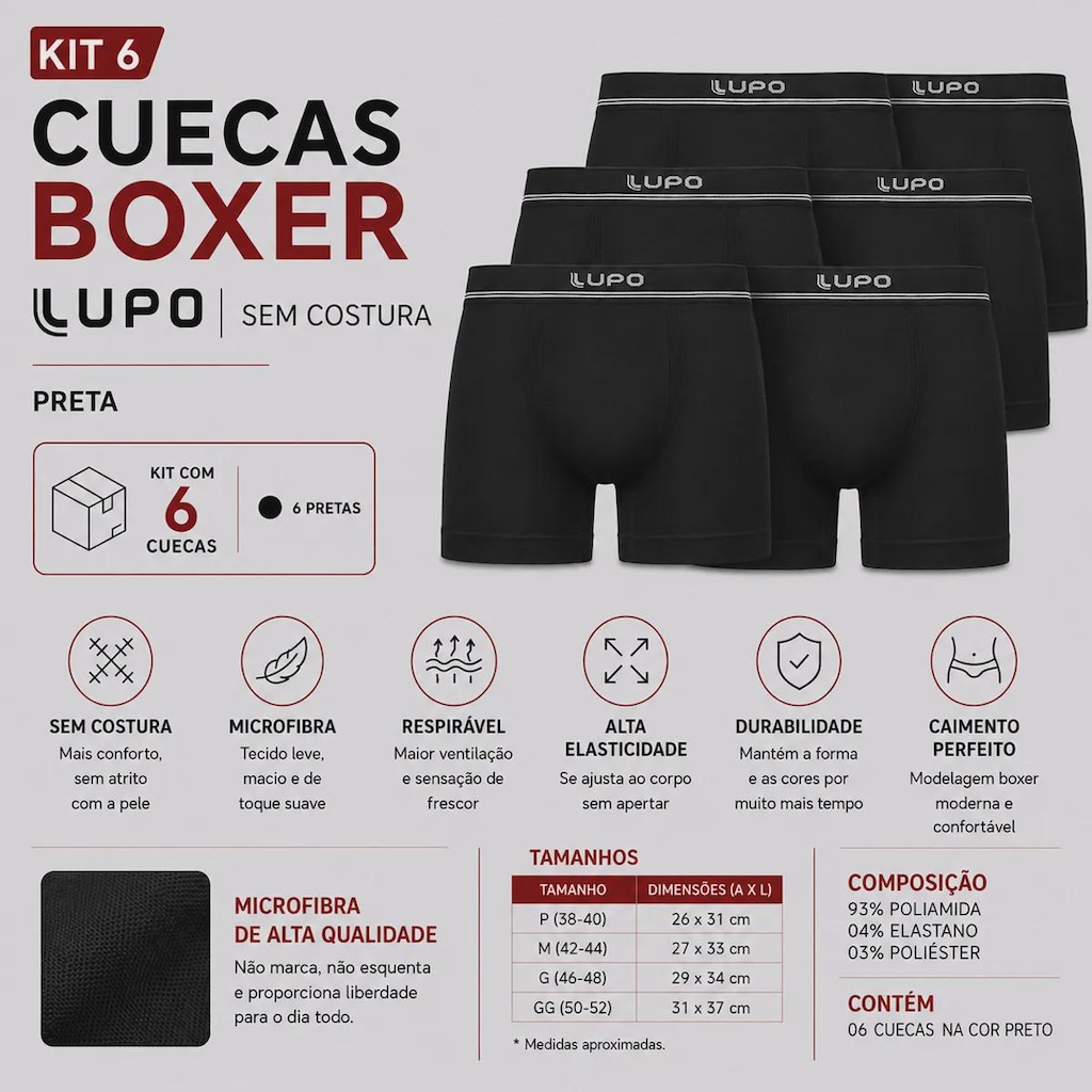 Imagem 2 do produto Kit 6 Cuecas Boxer Lupo Microfibra Sem Costura Adulto