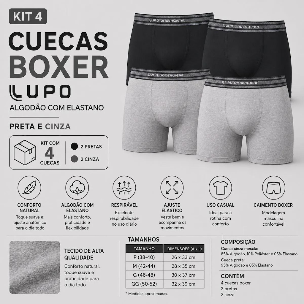 Imagem 2 do produto Kit 4 Cuecas Boxer Lupo com Elastano Adulto