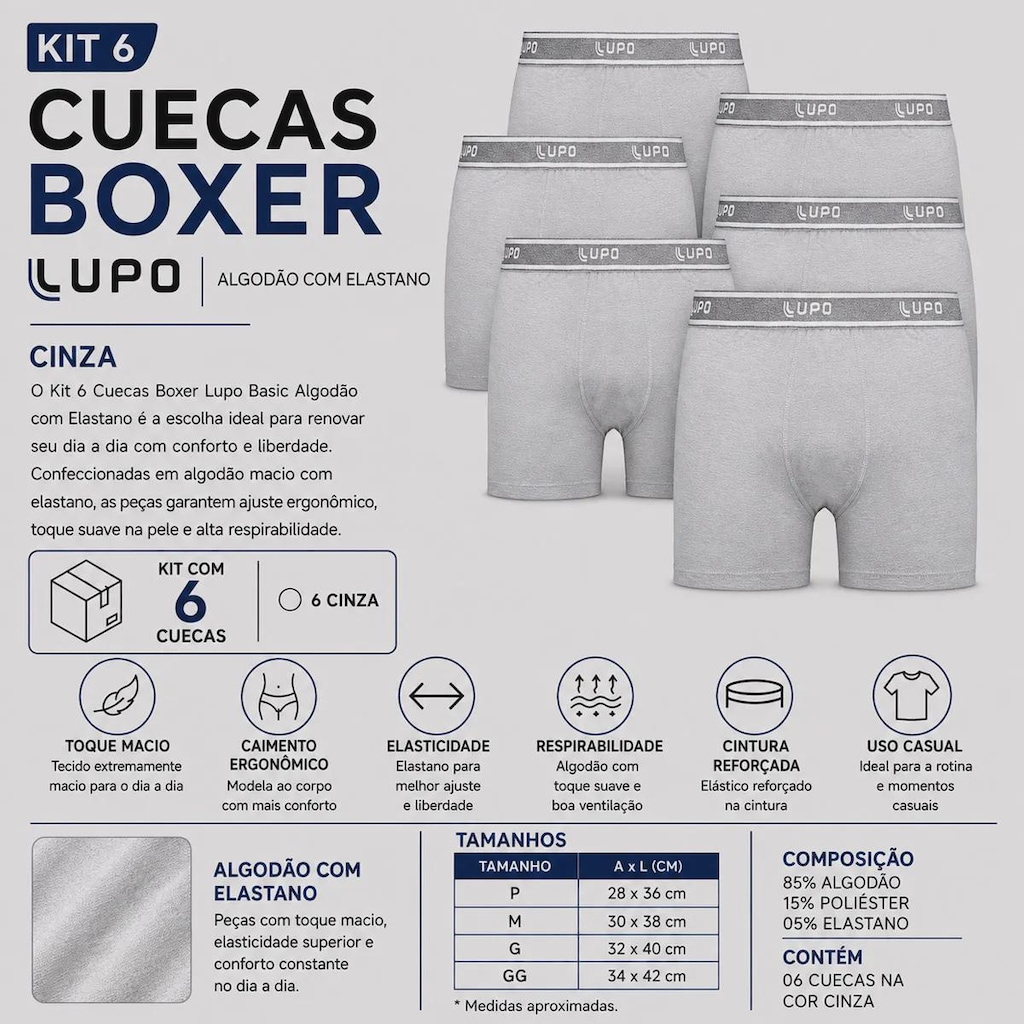 Imagem 2 do produto Kit 6 Cuecas Boxer Lupo Basic com Elastano