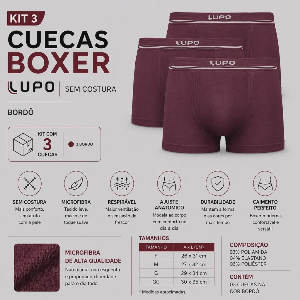 Imagem 2 do produto Kit 3 Cuecas Lupo Boxer Microfibra Sem Costura Adulto