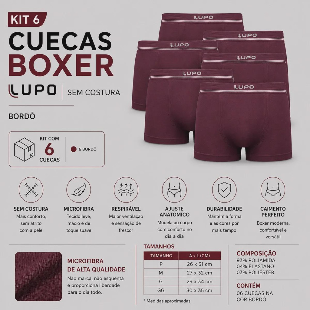 Imagem 2 do produto Kit 6 Cuecas Lupo Boxer Microfibra Sem Costura Adulto