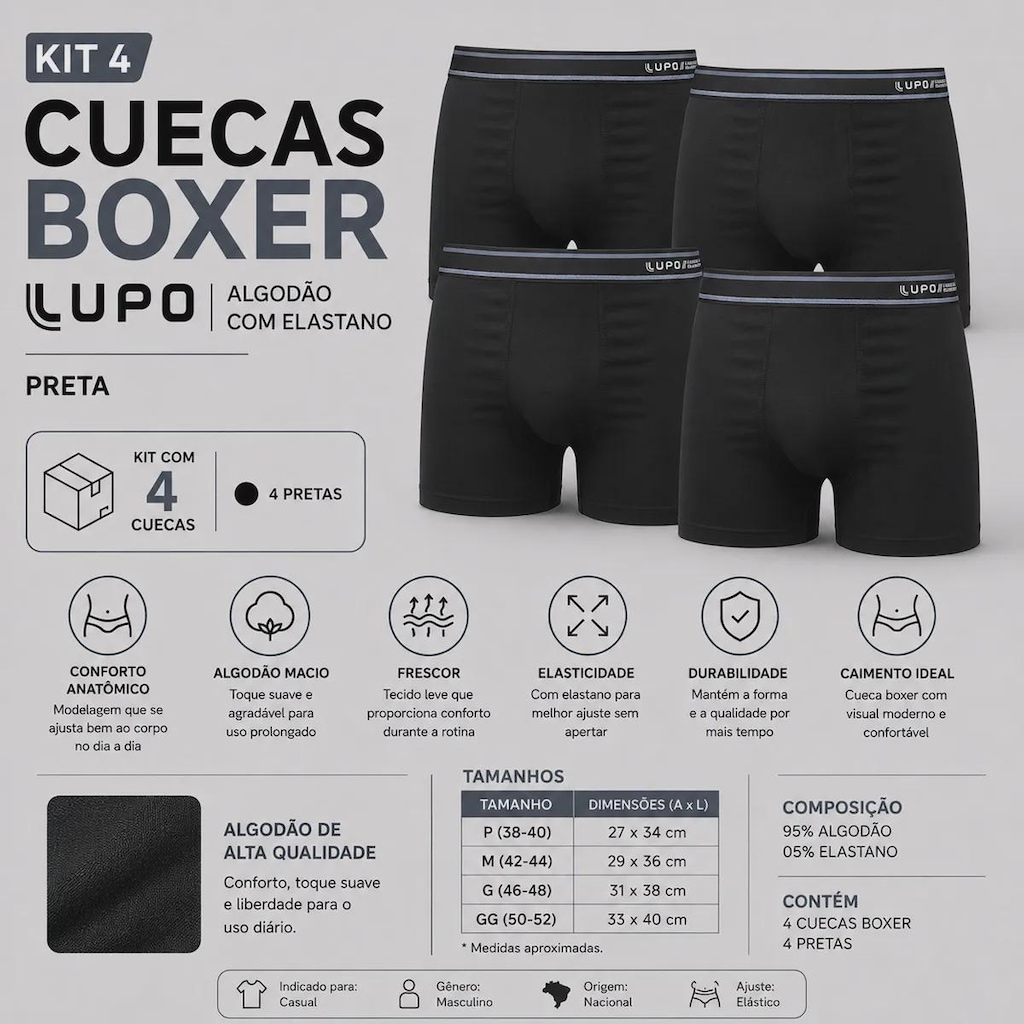Imagem 2 do produto Kit 4 Cuecas Boxer Lupo com Elastano Adulto
