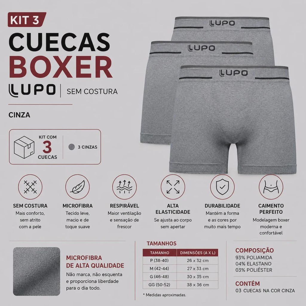 Imagem 2 do produto Kit 3 Cuecas Boxer Lupo Microfibra Sem Costura Adulto