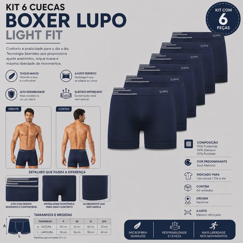 Imagem 2 do produto Kit 6 Cuecas Boxer Lupo Light Fit Adulto