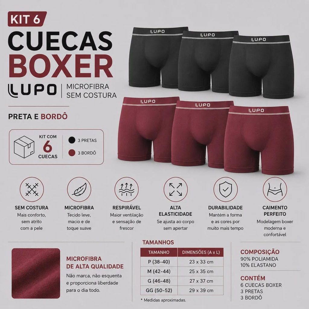 Imagem 2 do produto Kit 6 Cuecas Boxer Lupo Microfibra Sem Costura Adulto