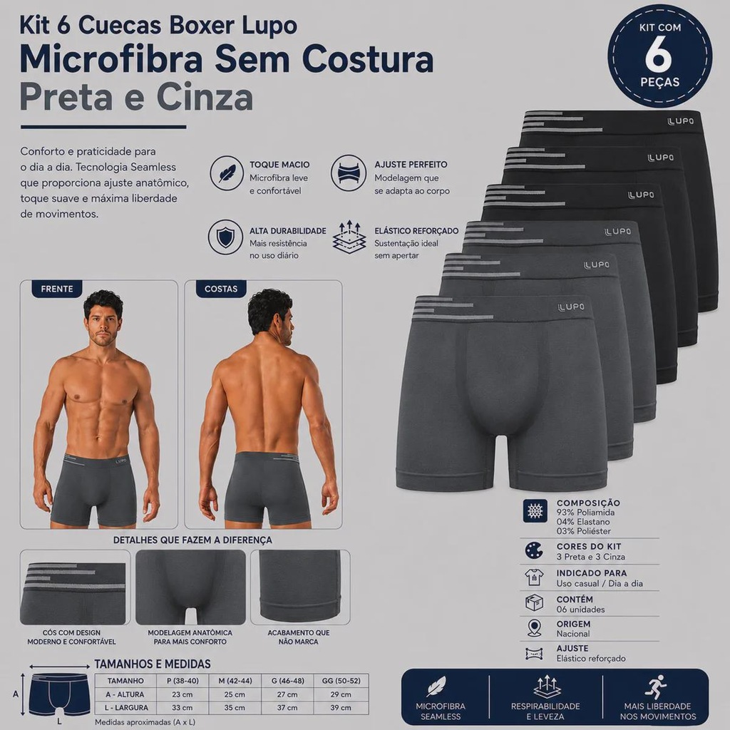 Imagem 2 do produto Kit 6 Cuecas Boxer Lupo Microfibra Sem Costura Adulto