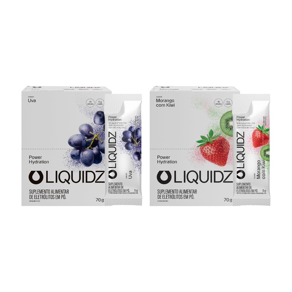 Imagem 1 do produto Eletrólitos Zero Açúcares LIQUIDZ - Uva | Morango com Kiwi - Kit 2 Caixas c/14 Sachês