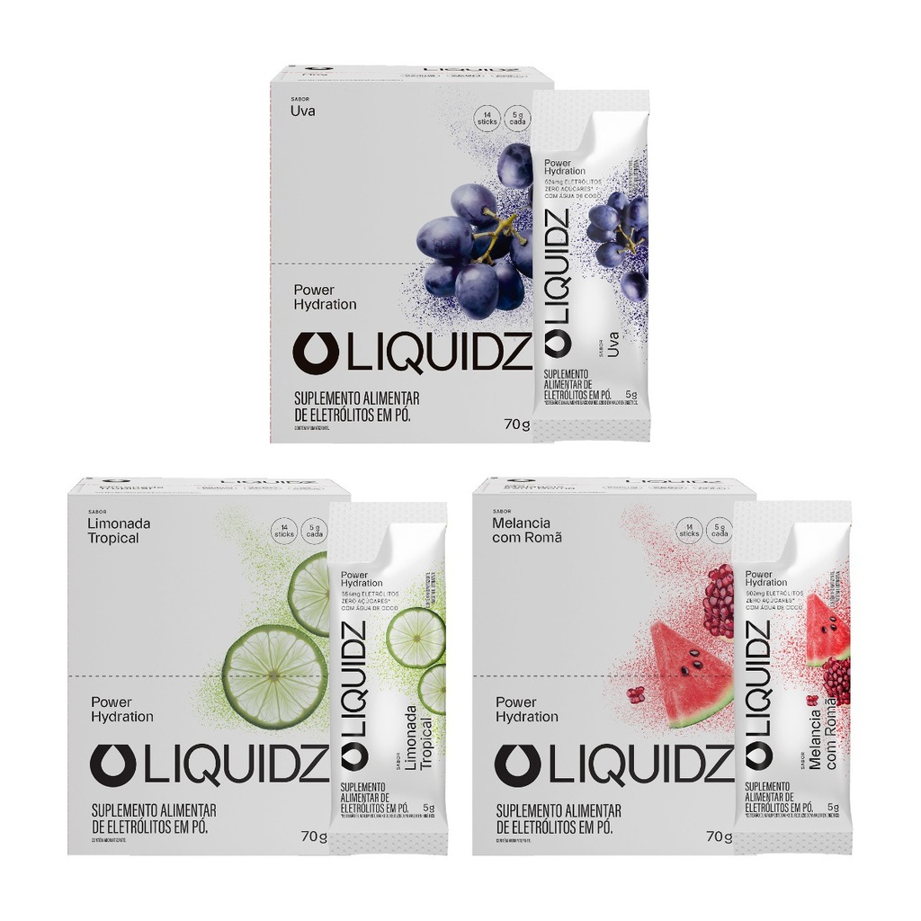 Imagem 1 do produto Eletrólitos Zero Açúcares LIQUIDZ - 3 Sabores - Kit 3 Caixas c/14 Sachês