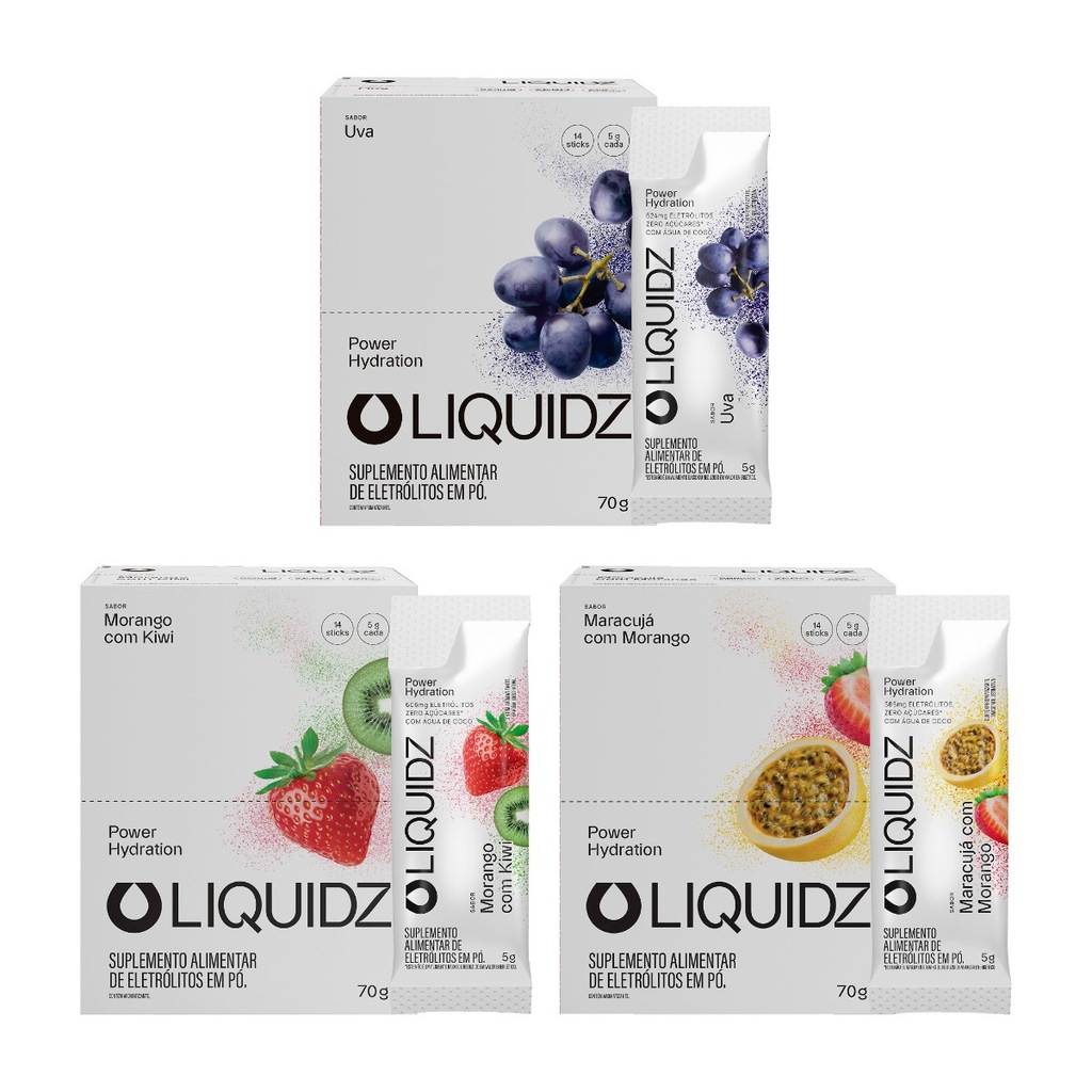 Imagem 1 do produto Eletrólitos Zero Açúcares LIQUIDZ - 3 Sabores - Kit 3 Caixas c/14 Sachês