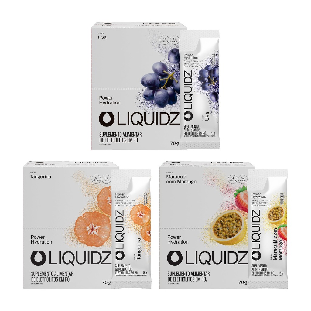 Imagem 1 do produto Eletrólitos Zero Açúcares LIQUIDZ - 3 Sabores - Kit 3 Caixas c/14 Sachês