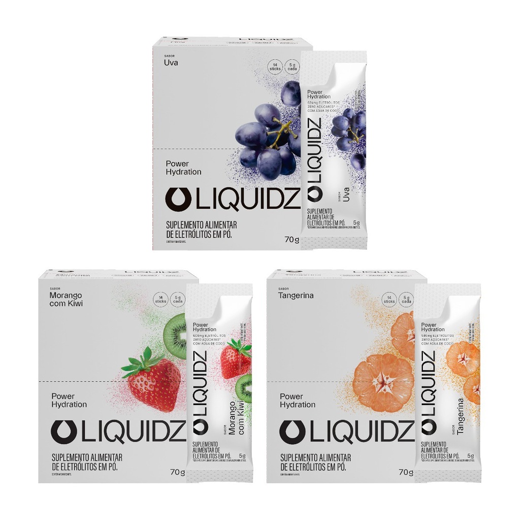 Imagem 1 do produto Eletrólitos Zero Açúcares LIQUIDZ - 3 Sabores - Kit 3 Caixas c/14 Sachês
