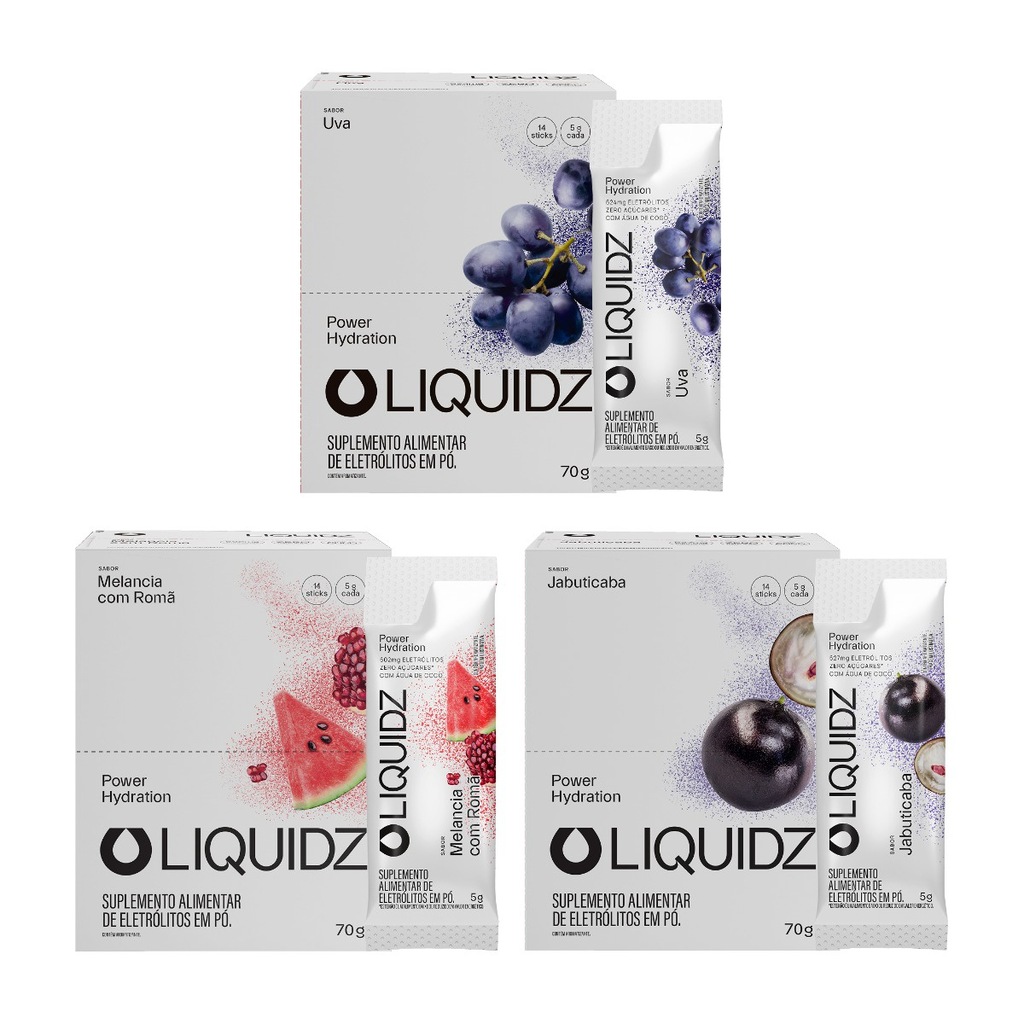 Imagem 1 do produto Eletrólitos Zero Açúcares LIQUIDZ - 3 Sabores - Kit 3 Caixas c/14 Sachês