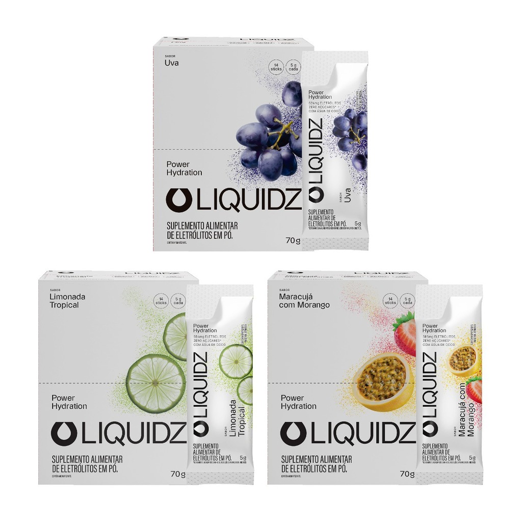 Imagem 1 do produto Eletrólitos Zero Açúcares LIQUIDZ - 3 Sabores - Kit 3 Caixas c/14 Sachês