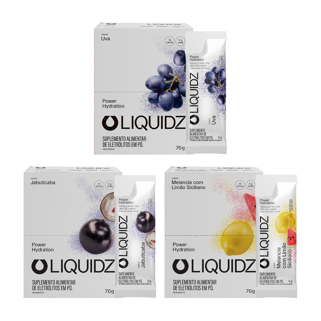 Imagem 1 do produto Eletrólitos Zero Açúcares LIQUIDZ - 3 Sabores - Kit 3 Caixas c/14 Sachês