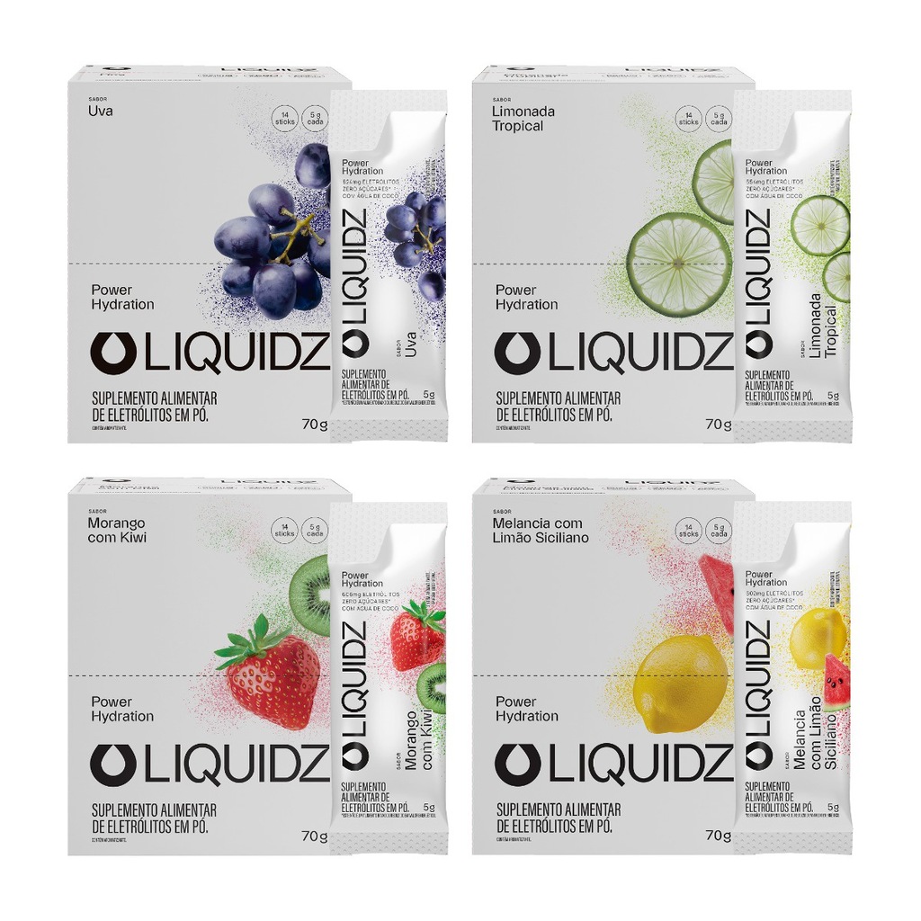 Imagem 1 do produto Eletrólitos Zero Açúcares LIQUIDZ - 4 Sabores - Kit 4 Caixas c/14 Sachês