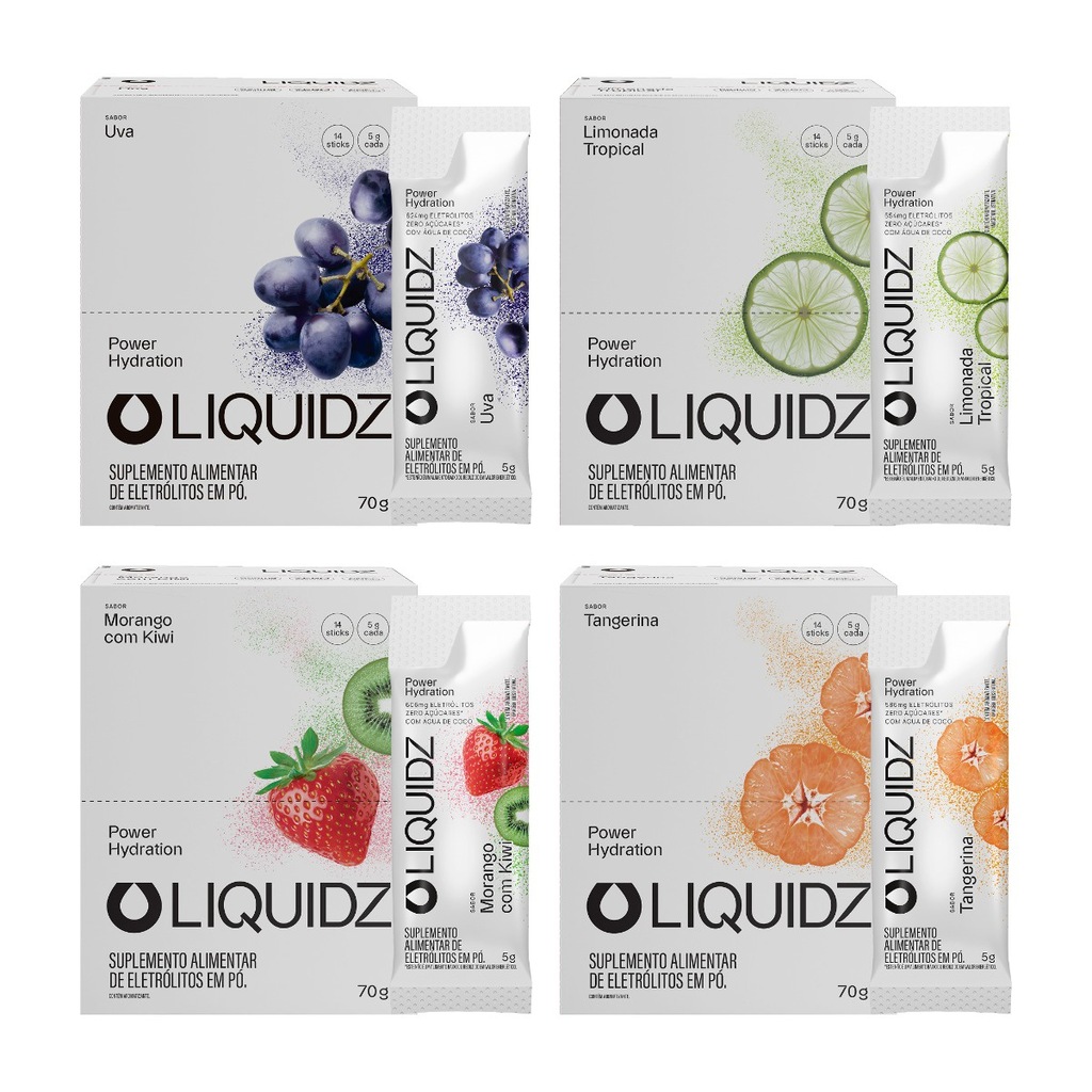 Imagem 1 do produto Eletrólitos Zero Açúcares LIQUIDZ - 4 Sabores - Kit 4 Caixas c/14 Sachês
