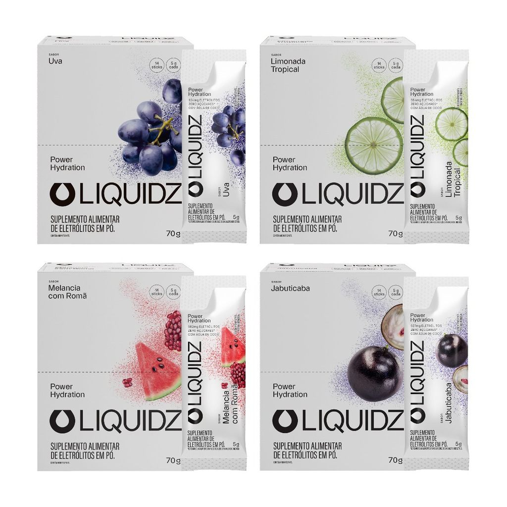 Imagem 1 do produto Eletrólitos Zero Açúcares LIQUIDZ - 4 Sabores - Kit 4 Caixas c/14 Sachês