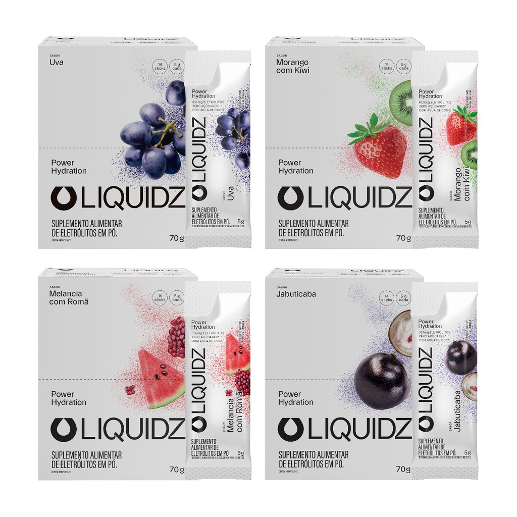 Imagem 1 do produto Eletrólitos Zero Açúcares LIQUIDZ - 4 Sabores - Kit 4 Caixas c/14 Sachês