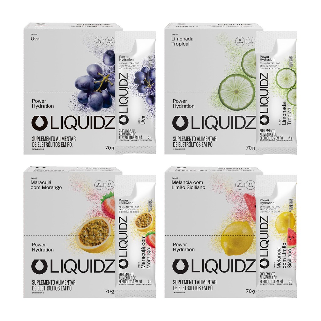Imagem 1 do produto Eletrólitos Zero Açúcares LIQUIDZ - 4 Sabores - Kit 4 Caixas c/14 Sachês