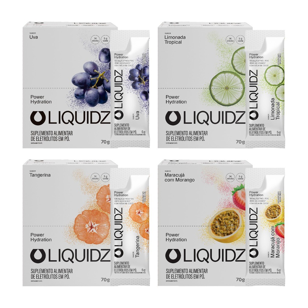 Imagem 1 do produto Eletrólitos Zero Açúcares LIQUIDZ - 4 Sabores - Kit 4 Caixas c/14 Sachês